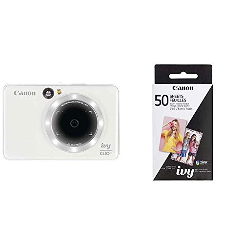 Canon IVY CLIQ+ Instant Camera Printer Mobile Mini Printer Via Bluetooth(R), Pearl White with Canon ZINK Photo Paper Pack, 50 Sheets