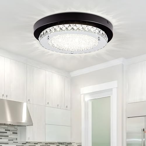 Flush Mount Ceiling Light Crystal Hallway Light Fixtures LED Bathroom Ceiling Light Fixture 13 Inch Dimmable Modern Small Black Foyer Lighting for Entryway Laundry Room Dining Room Living Room