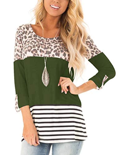 Minthunter Women's Long Sleeve Tops Casual Leopard Stripe Tunics Round Neck Fall Shirts Color Block T Shirts (Olive,Large)