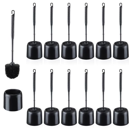 Image of Roshtia 12 Sets Toilet Brush and Holder Set for Bathroom Toilet Bowl Brush Scrubber with Caddy for Deep Cleaning, 14.57 Height (Black)