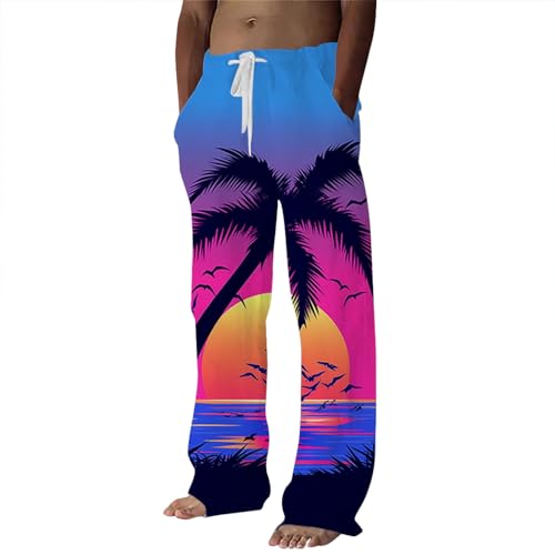Generic Mens Linen Pants Beach Hawaii Print Casual Summer Casual Pants Elastic Waist Drawstring Baggy Trousers with Pockets, XX-Large