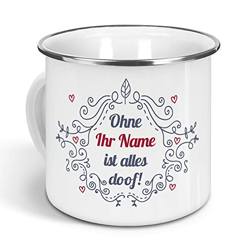 printplanet - Emaille-Tasse klein mit Namen personalisiert - Motiv Ornamente - Nostalgie-Becher, Camping-Tasse, Blechtasse, Farbe Silber, 300ml