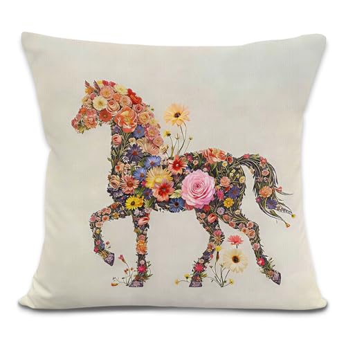 LRyeisahh Vintage Horse Floral Throw Pillow Cover, Horse Gifts for Women, Neutral Botanical Equestrian Decorative Pillowcases Cushion Cases for Home Bedroom Living Room Decor, 18x18 Pillow Covers
