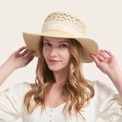 ACUSHLA Straw Sun Hat for Women Wide Brim Vintage Boater Summer Beach,Beige — view 2