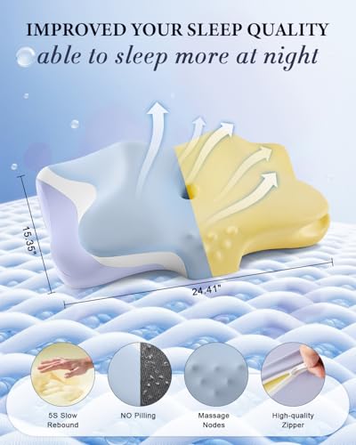 Cervical Pillow for Neck Pain Relief, Cooling Ergonomic Memory Foam Pillows for Sleeping with Luxury Anti-pilling Pillowcase, Contour Orthopedic Neck Support Pillow for Side Back Stomach Sleepers-Blue