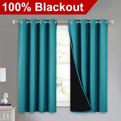 Image of NICETOWN 100% Blackout Curtains 54 inches Long, Double-Deck Completely Blackout Window Treatment Thermal Insulated Lined Drapes for Small Window (Peacock Teal, 1 Pair, 52 inches Width Each Panel)