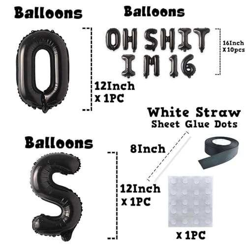 Image of Oh I'm 16! Latex Balloons 16 Inch Black Hallo Sixteen Cheers to 16 Years Old Theme Decor for Man Woman Happy 16 Birthday Party Photo Studio Prop Flag Decorations Favors Supplies