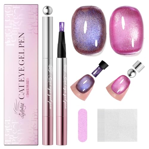 7-in-1 Cat Eye Gel Nail Polish Pen 2pcs One Step Magnetic Gel Polish with Magnet No Base/Top Coat Needed Pink & Purple Glassy Jelly Magnetic Gel Soak Off UV LED Nail Art DIY Home Salon