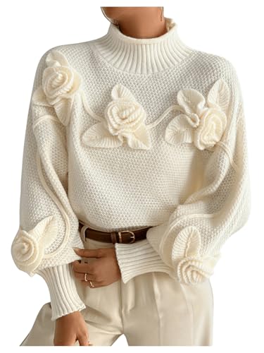 Image of MakeMeChic Women's 3D Flower Mock Neck Sweater Lantern Sleeve Drop Shoulder Pullover Top Apricot Medium