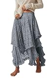 R.Vivimos Women Lace Long Skirts Summer Elastic Asymmetrical Layered Hem Sexy See-Through Beach Floral Maxi Skirts (X-Large, Grey)