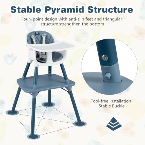 Image of BABY JOY High Chair, 5 in 1 Convertible Highchair for Babies & Toddlers | Booster Seat | Table and Chair Set | Infant Feeding Chair with Removable Tray, Safety Harness, Removable Cushion (Blue)