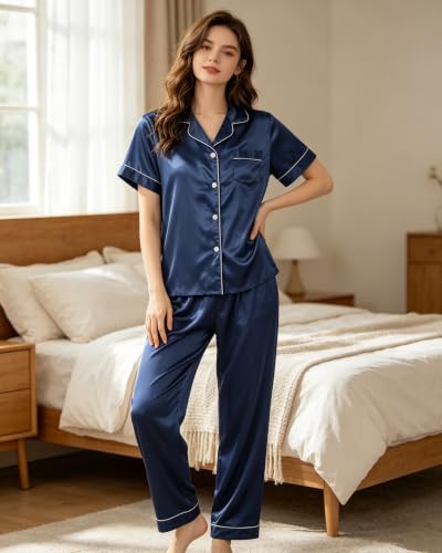 Image of 3 Piece Silk Satin Pajama Set for Women Soft Short Sleeve Button Down Pjs with Shorts Long Pants Sleepwear S-XXXL