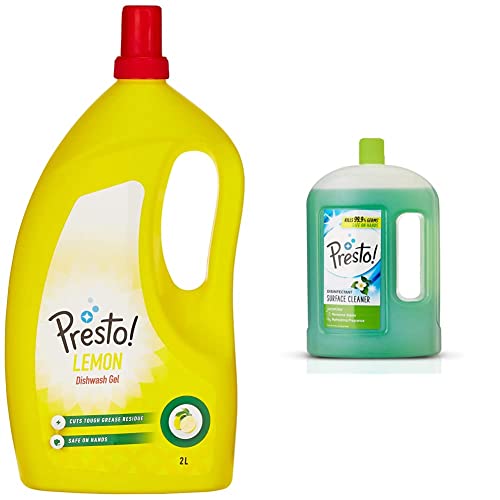 Image of Dish Wash Gel - 2 L (Lemon) & Amazon Brand - Presto! Disinfectant Floor Cleaner Jasmine, 2 L