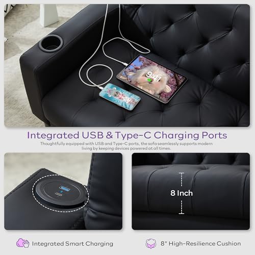 TYBOATLE 62\" W Loveseat Sofa w/ 2 USB Charger Ports and 2 Cupholders, Mid-Century Modern Tufted Black Leather Small Love Seat Couches for Compact Living Room, Office, Bedroom, Apartment, Dorm - Thumbnail 5