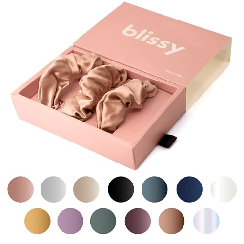 Image of Blissy Silk Scrunchies (3 Pack) - 100% Pure Mulberry Silk - 22 Momme 6A High-Grade Fibers Scrunchie for Straight & Curly Hair - Preventing Breakage, Tangling, & Creasing (Rose Regular)
