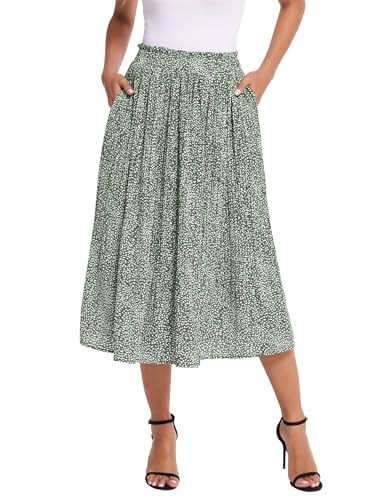 Zeagoo Womens Casual Midi Skirts Boho Elastic Waisted Swing Beach Maxi Skirts with Pockets Green L