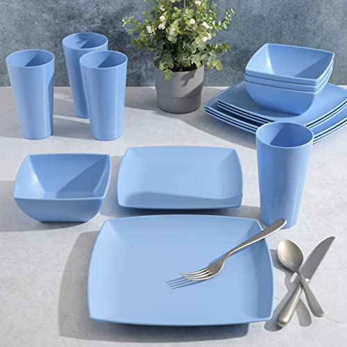 Gibson Home Soho Grayson Square Melamine Dinnerware Set, Service For Four (16Pcs), Light Blue #TOP5