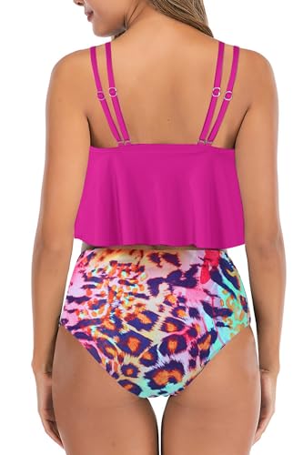 Image of Women High Waisted Bikini Swimsuit Flounce Vintage 2 Piece Bathing Suits | Vintage,tummy control,two piece bathing suits,plus size,swimwear,ruffled,tankini top,bikini bottom