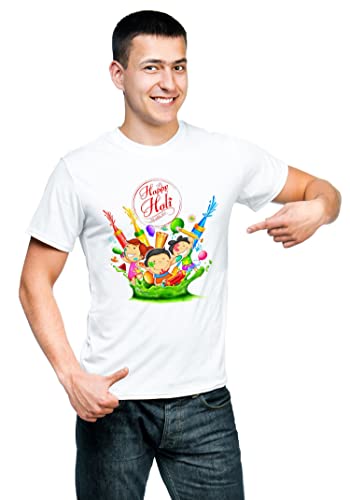 Image of Knitted Polycotton Fabric Regular Fit Men Boys Half Sleeve T-Shirt for Festival of Holi Style 16 White Size : Free