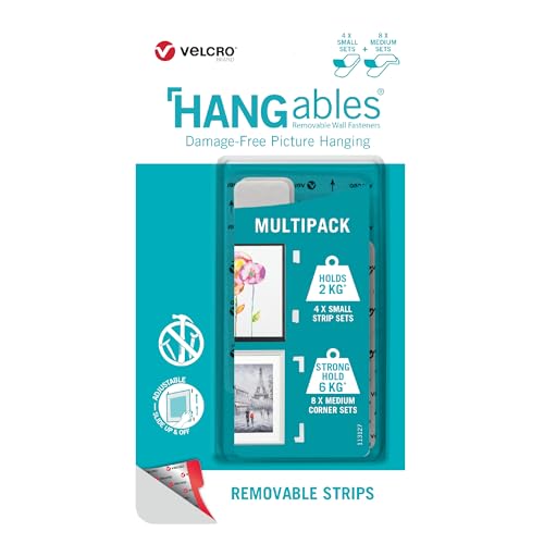 Image of VELCRO Brand Picture Hanging Strips | Variety Pack 4 Sets Strips and 8 Sets Corner Shapes | Damage Free Wall Hangers | Removable Decorate Without Damaging Your Walls