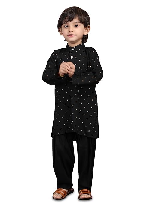 Image of POLKA TOTS Boys Cotton Ethnic Kurta Pajama Set with Attached Koti | Ethnic Motif Wear Kids Kurta Pyjama for Boys & Toddlers | Traditional Dress for Weddings & Festivals | Festive Jubba Set for Babies