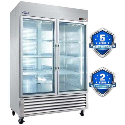 ORIKOOL 54' W Commercial Glass-Door Reach-In Refrigerator - Tempered Glass Double Door Fridge, 46 Cu.ft Capacity, 6 Adjustable Shelves, Auto Defrost, Digital thermostat control, LED Lighting