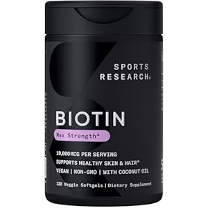Sports Research® Biotin 10,000mcg with Organic Coconut Oil – Biotin (Vitamin B7) for Healthy Skin and Hair Support* – for Women and Men – Vegan, Non-GMO, Gluten & Soy-Free – 120 Veggie Softgels