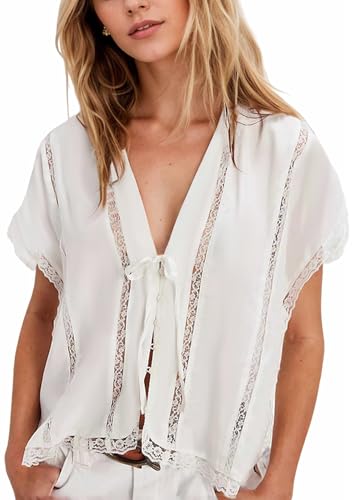 MISSACTIVER Women V Neck Tie Open Front Shirts Summer Oversized Button Down Blouses Casual Short Sleeve Lace Trim Shirt Tops