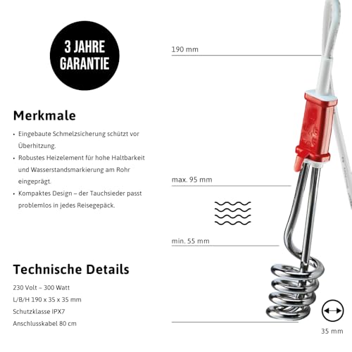 EHLERS RTE 304 Reisetauchsieder, 300 Watt, wärmeisolierter Griff, Überhitzungsschutz, 300 Watt, Etui