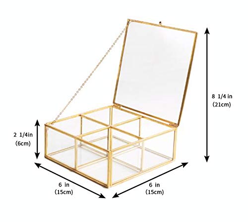 4 Compartment Golden Vintage Glass Lidded Jewelry Box, Large Clear Metal Box For Rings Bracelet Keepsake, Golden Organizer Home Decor With Decorative Lace #TOP6