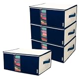 衣類 小物 収納ケース 4枚組 イニコライフ 前面 活性炭シート入り 収納袋 通気性の良い 厚手 不織布製 洋服 収納ボックス 持ち手 クリア窓付き 衣装ケース 使わない時は畳める クローゼット 押し入れ ベッド下 (中芯無し/藍色)