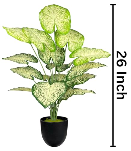 Image of Dekorly Plastic Artificial Palm Plants Leaves Faux Turtle Leaf Fake Monstera Tropical Large Palm Tree Leaves Outdoor Leaf Decorations | 26Inch Plant with Blackpot (White-Green-Leaves)