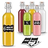 Creative Home Grande Botella Cristal Agua 1 Litro | 6 x 1L | Set con Tapa de Clip Hermético | Rellenable para Vino, Zumo y Cerveza | 8 Pegatinas Reutilizables y 1 Tiza Antipolvo