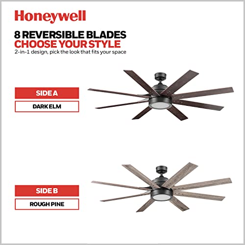 Image of Honeywell Ceiling Fans Xerxes Modern 62 Inch Ceiling Fan with Light, Remote Control Fan, LED Indoor Fan with 8 Blades, Dark Elm and Rough Pine Blade Finish Options, Bronze (50609-01)