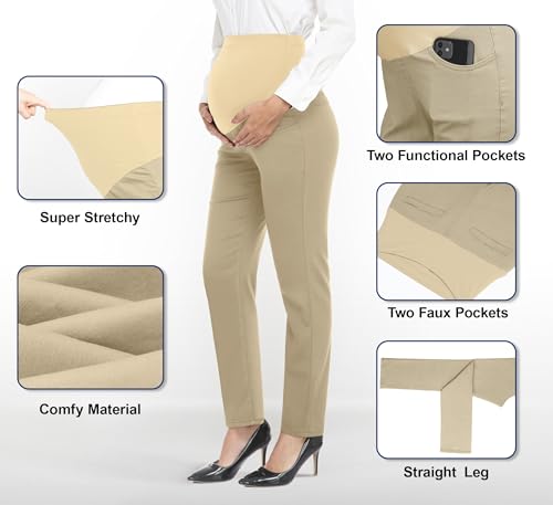 Image of PACBREEZE Women's Maternity Pants for Work Over-Bump Pregnancy Casual Stretchy Straight Dress Pants with Pockets