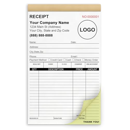 Custom Receipt Book with Carbon Copies, 5.5" x 8.5" Carbonless Receipt Books 2-Part, Personalized Invoice Book with Logo & Business Info, Duplicate Receipt Book for Small Business (100 Sets)