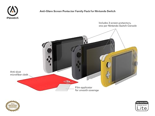 Image of PowerA Anti-Glare Screen Protector Family Pack with 3 Protectors, Anti-Dust Cloth and Applicator for Nintendo Switch Devices (Officially Licensed)