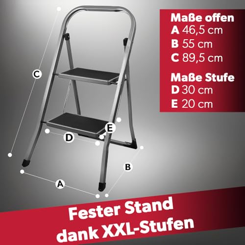 siwitec Trittleiter, Faltbare Leiter mit 2 Stufen, Klapptritt aus Stahl bis 150 kg belastbar, Tritthocker klappbar, TÜV/GS Zertifiziert, anthrazit