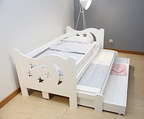 LULU MÖBEL Chrisi Lit double 2 en 1 en bois de pin massif avec 2 matelas et tiroir Blanc 165 x 80 cm Cover