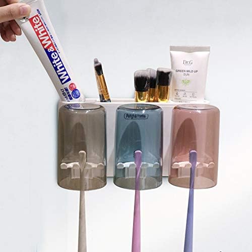 PenghaiYunfei Automatic Toothpaste Dispenser Squeezer Wall Mount and Toothbrush Holder, Multifunctional Space-Saving Toothbrush Storage Box, No NeedTo Drill (2 Cups + Squeezer)