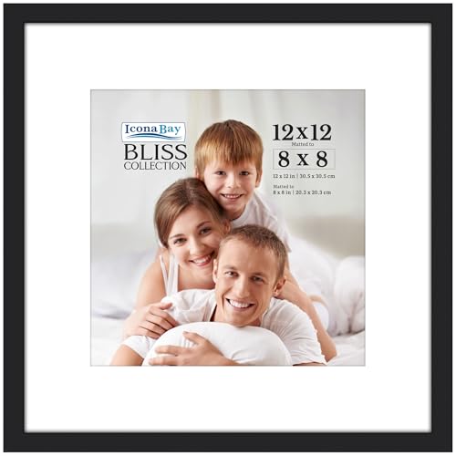 Icona Bay - 12x12 Black Picture Frame with Removable Mat to 8x8 Photo - Modern Style Engineered Wood Poster Frame - Wall Mount Only - Bliss Collection