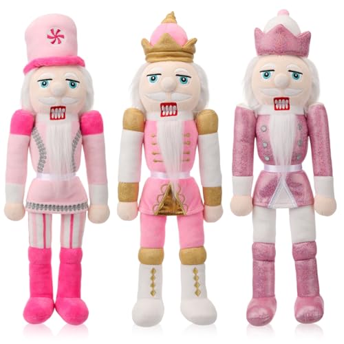 Soulchen 3 Pcs 16 Inch Christmas Nutcracker Stuffed Toy Plush Nutcracker Doll Soldier Figure Xmas Stuffed Animals for Holiday Party Gifts Decor Table Centerpieces (King,Pink)