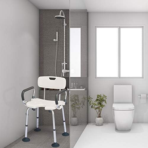 Multigot Shower Chair, Height Adjustable U-Shaped Bath Stool with Anti-Slip Helical Pads, Shower Buckle, Removable Back and Armrests, Aluminium Bathroom Seat for Elderly Disabled Seniors