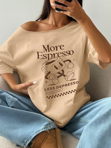 Image of SXV STYLE More Espresso Less Depresso Coffee Cup Print Off-Shoulder T-Shirt, Beige, Casual Graphic Design, Women's Loose Fit