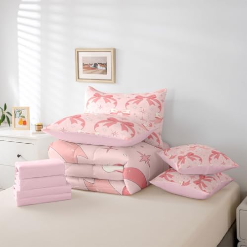 Image of Kawaii Bow Full Size Bed Sheets and Comforter Set | Princess Bow 7 Piece Bedding Set Dreamy Ribbon Bowknot Bed in a Bag, Stars Watercolor Room Decor,Pink Bow Decor