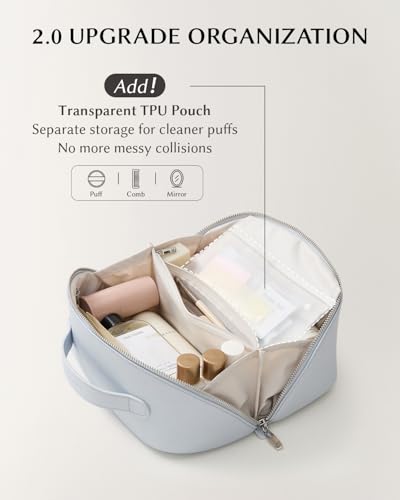 Image of EACHY Travel Makeup Bag, Large Capacity Cosmetic Bag for Women, Waterproof PU Leather, Flat Open Portable Toiletry Bag for Skincare, Brushes & Travel Essentials