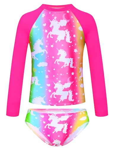 TENVDA Girls Swimsuit Long Sleeve Rash Guard Sets UPF 50+ Two Piece Bathing Suits Size 3-12 Years