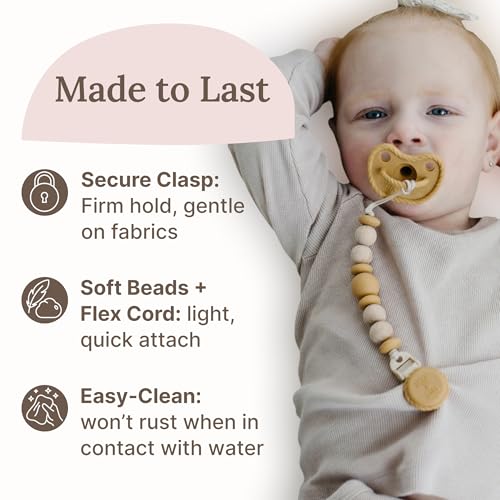 Image of Silicone Pacifier Clip - Metal-Free, Rust-Free, 100% Food-Grade Silicone and Natural Beech Wood, Secure Pacifier Holder for Babies - Sun - Mila & Lulu