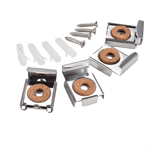 Hosrivae Paquete de 4 clips anchos de acero inoxidable para espejos de 1/4 pulgadas de grosor, soportes de montaje de espejo resistentes con tornillos y anclajes, acabado plateado para el hogar, baño