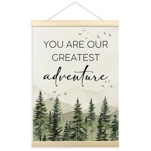 Image of TLESKE Woodland Baby Nursery Decor Poster Hanger Frame, Forest Mountain Hanging Wall Art Decor for Baby Boys Girls Nursery Toddlers Kids Room Playroom, You Are Our Greatest Adventure Prints, 12x16